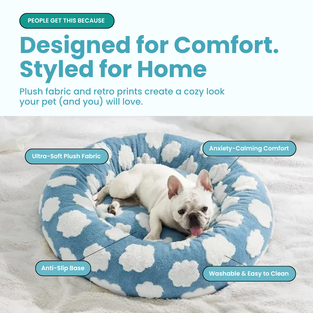 Luxury Round Calming Donut Pet Bed Plush Washable Cat & Dog Bed with Cloud & Flower Patterns