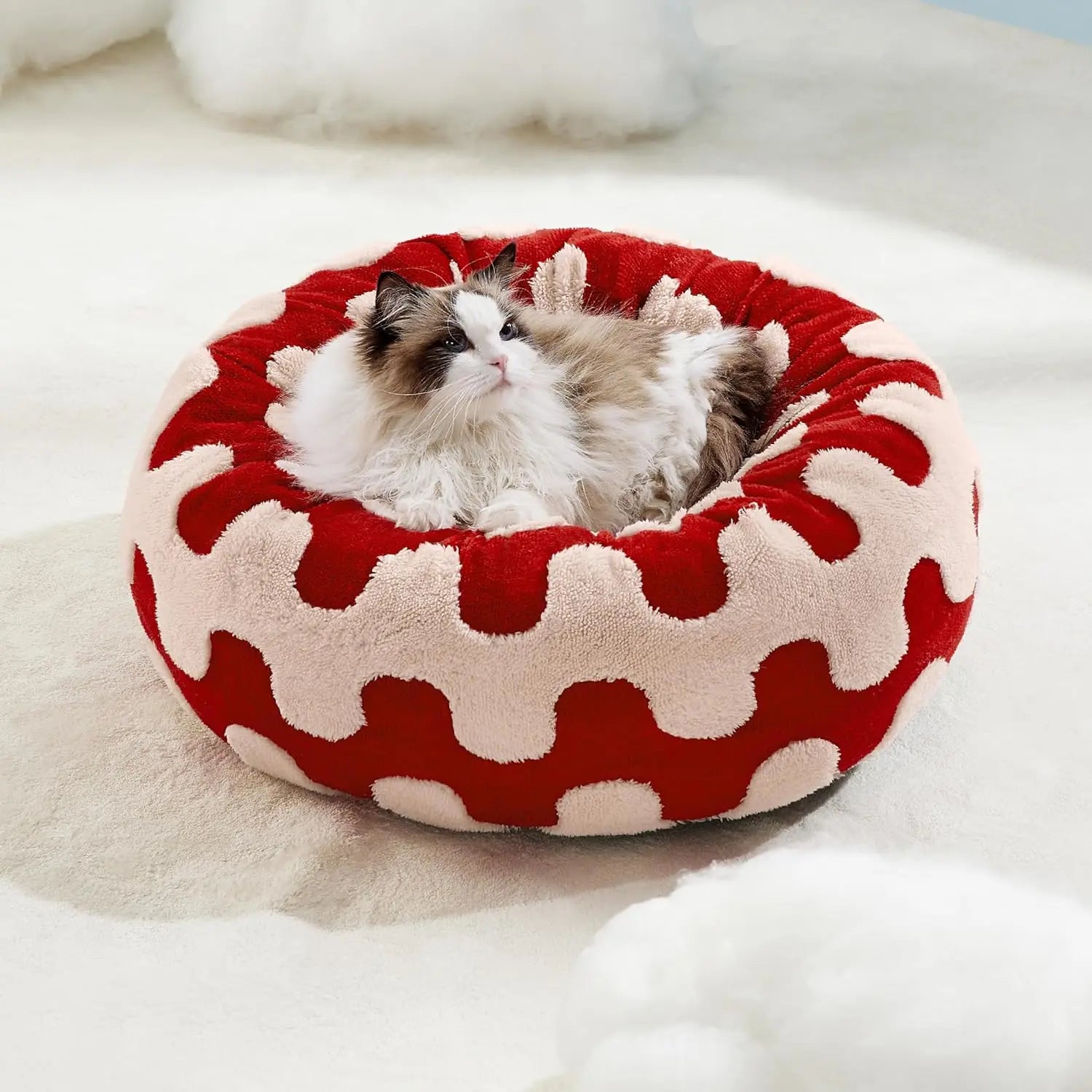 Luxury Round Calming Donut Pet Bed Plush Washable Cat & Dog Bed with Cloud & Flower Patterns