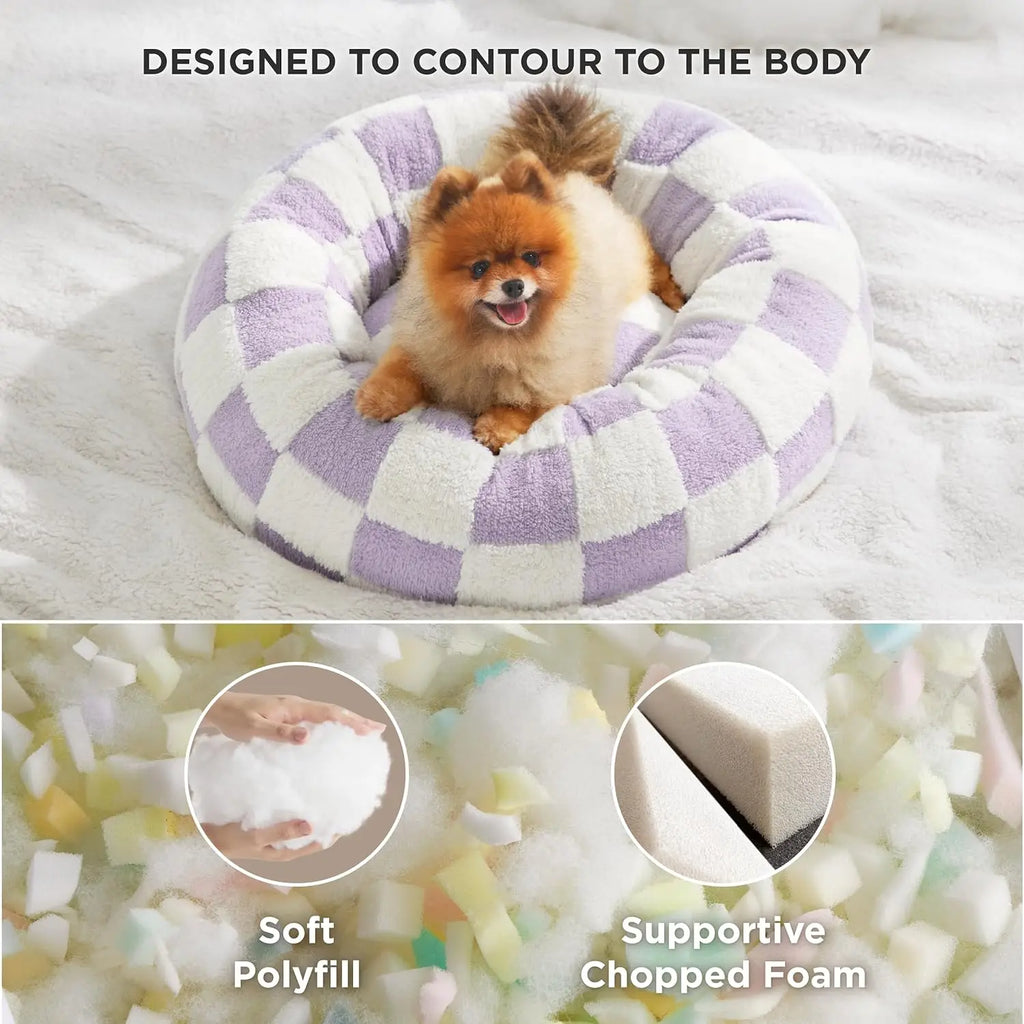 Luxury Round Calming Donut Pet Bed Plush Washable Cat & Dog Bed with Cloud & Flower Patterns