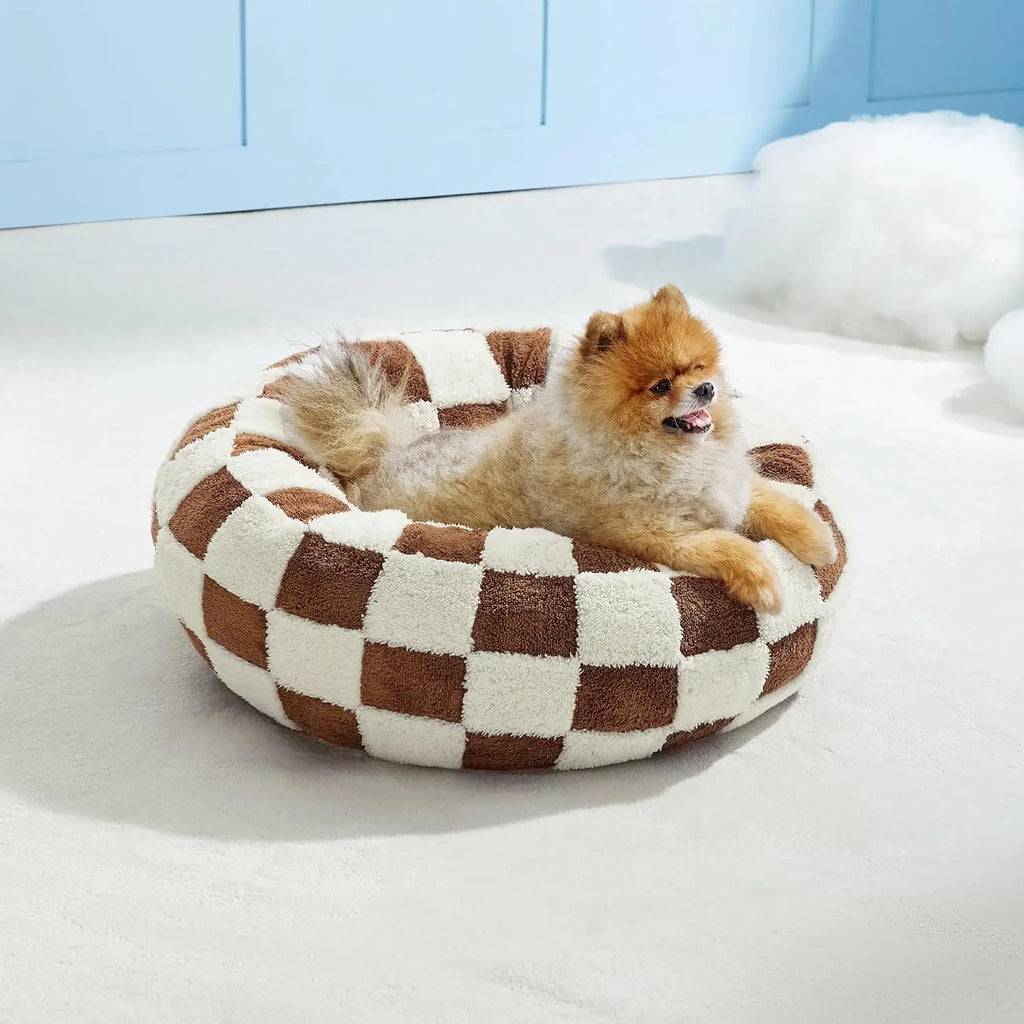Luxury Round Calming Donut Pet Bed Plush Washable Cat & Dog Bed with Cloud & Flower Patterns
