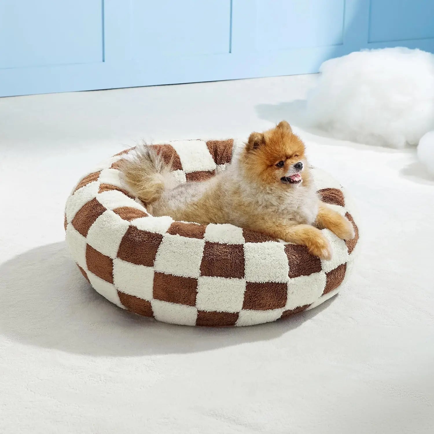 Luxury Round Calming Donut Pet Bed Plush Washable Cat & Dog Bed with Cloud & Flower Patterns