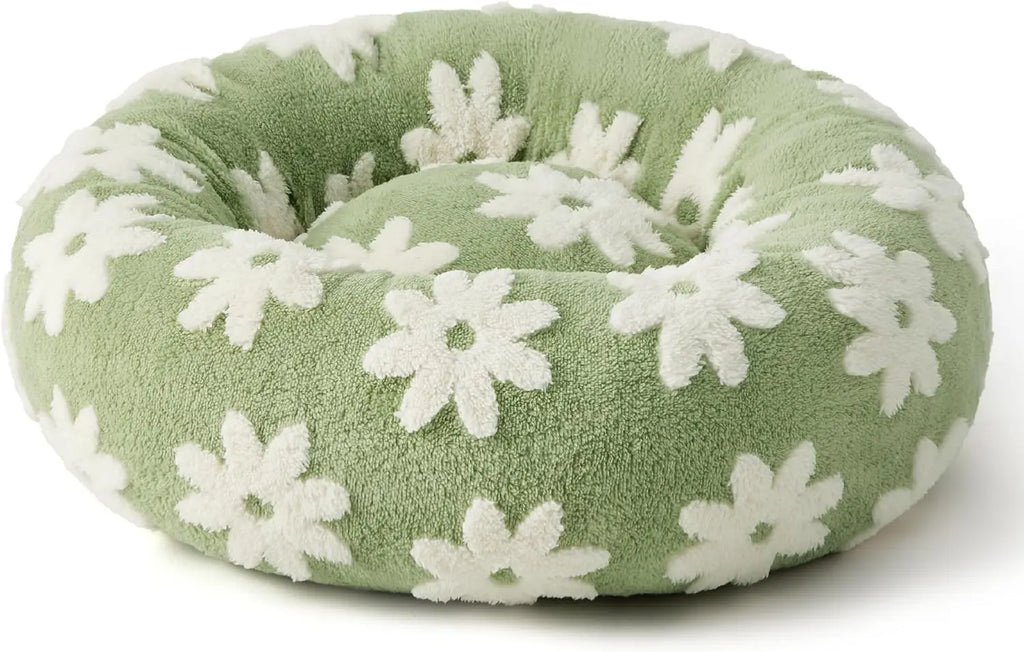 Luxury Round Calming Donut Pet Bed Plush Washable Cat & Dog Bed with Cloud & Flower Patterns