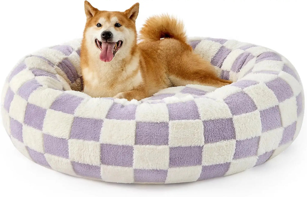 Luxury Round Calming Donut Pet Bed Plush Washable Cat & Dog Bed with Cloud & Flower Patterns