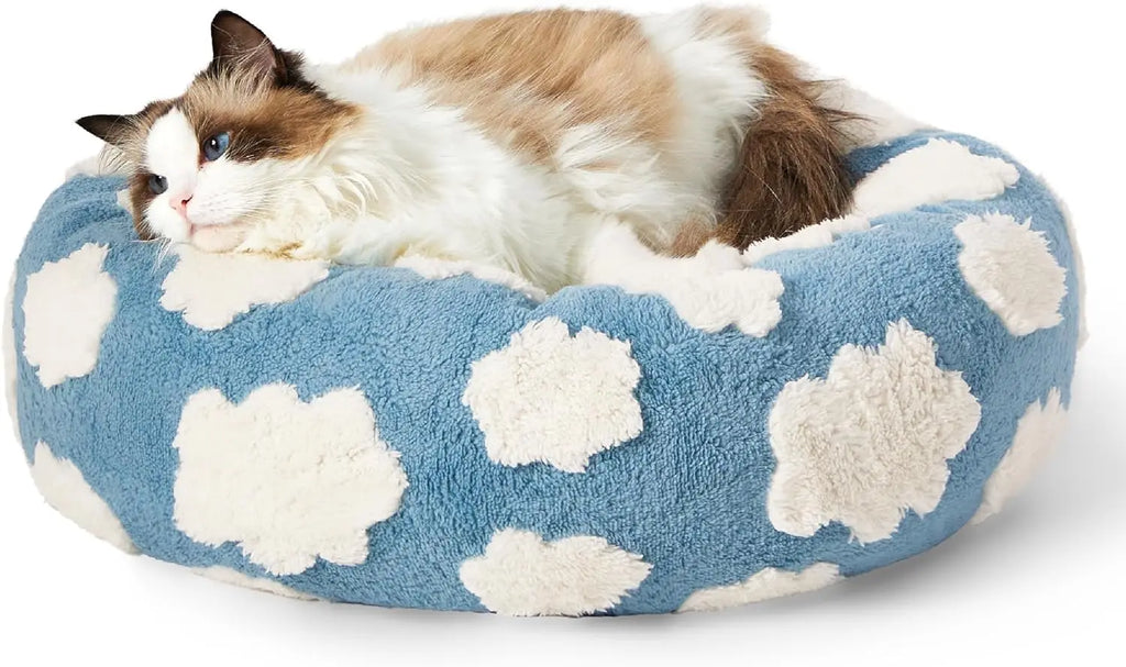 Luxury Round Calming Donut Pet Bed Plush Washable Cat & Dog Bed with Cloud & Flower Patterns