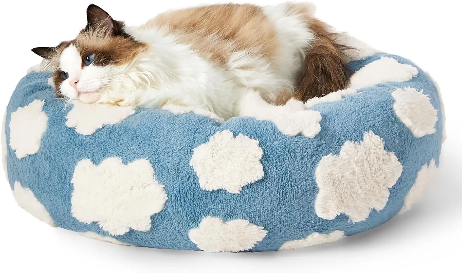 Luxury Round Calming Donut Pet Bed Plush Washable Cat & Dog Bed with Cloud & Flower Patterns