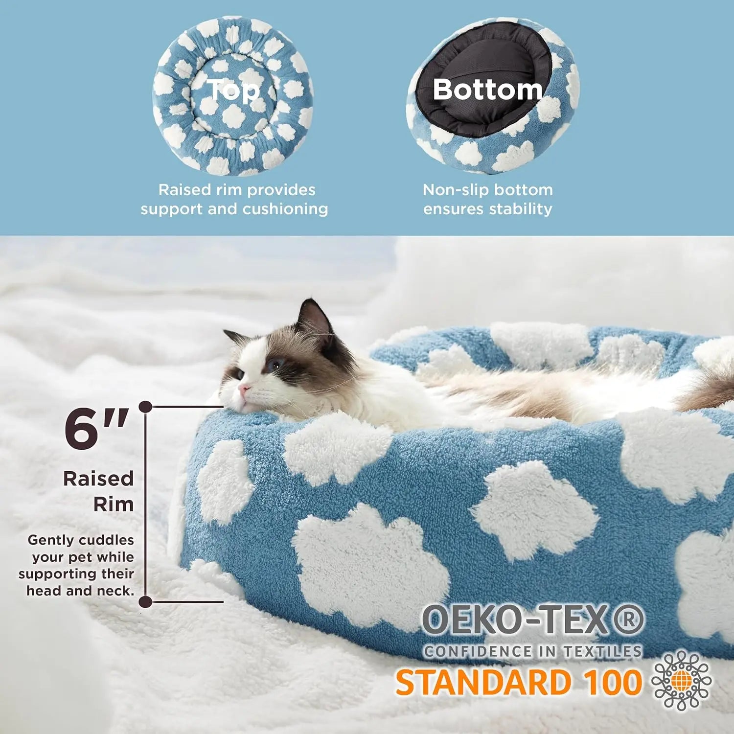 Luxury Round Calming Donut Pet Bed Plush Washable Cat & Dog Bed with Cloud & Flower Patterns