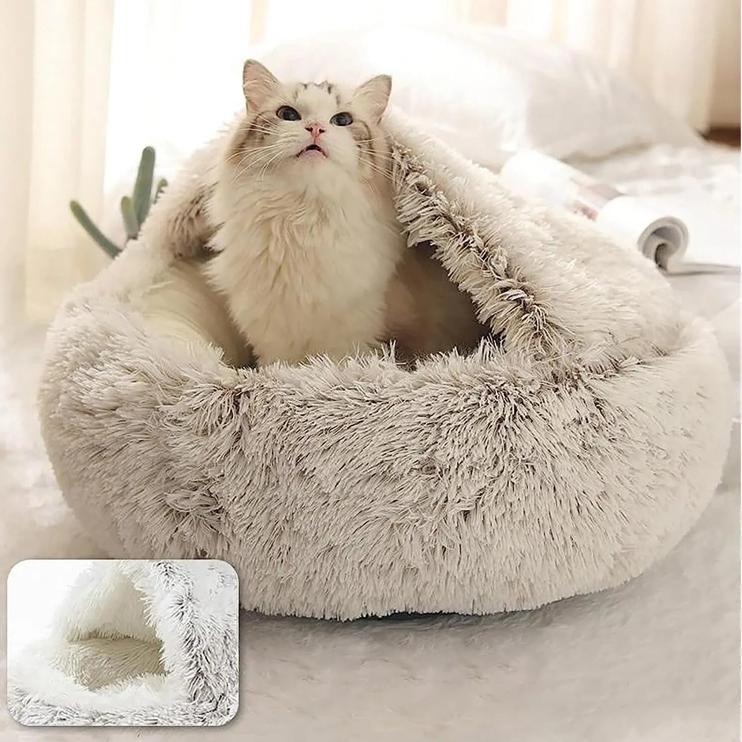 Plush Self-Warming Cat Bed Cozy Half-Moon Pet Bed for Cats & Small Dogs, Soft Washable & Lightweight