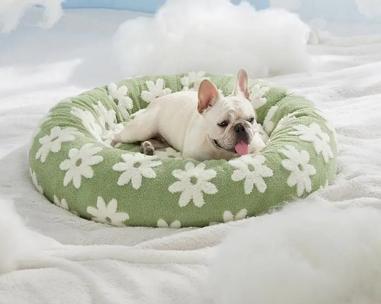 Luxury Round Calming Donut Pet Bed Plush Washable Cat & Dog Bed with Cloud & Flower Patterns
